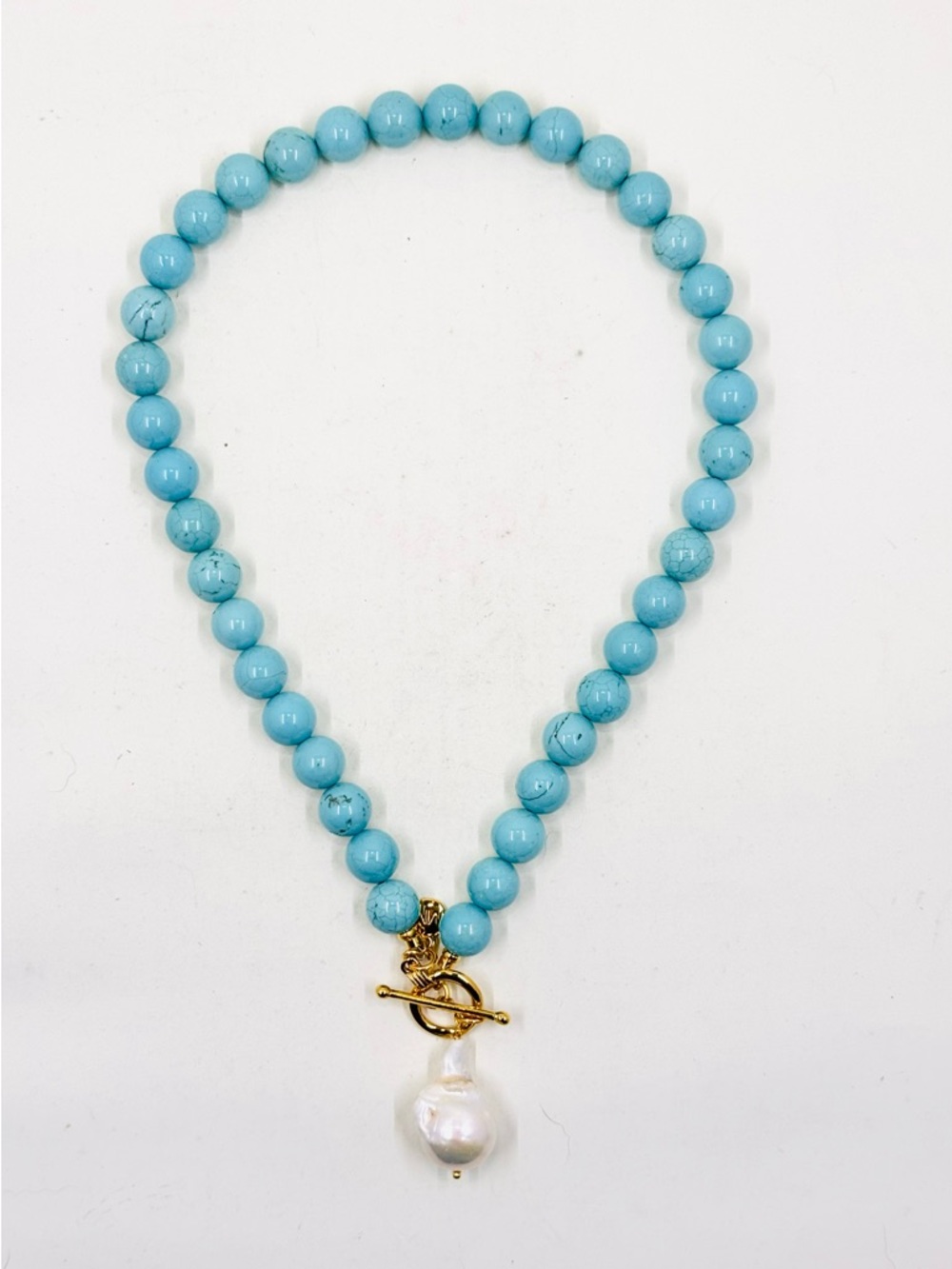 Mayamar Turquoise Beaded Necklace W/ Baroque Pearl Drop & Gold  Dipped Toggle